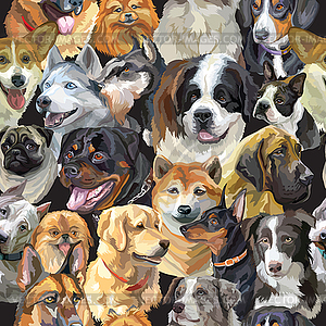 Semless pattern cute realistic dogs heads - vector clipart