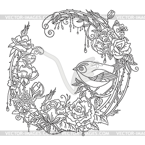 Coloring flowers and birds 10 - vector clip art