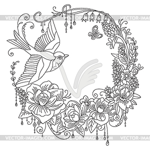 Coloring flowers and birds  - vector clipart