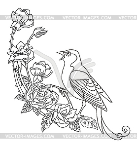 Contour song bird with flowers composition - vector clipart