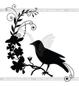 Black silhouette bird and flower composition - vector EPS clipart