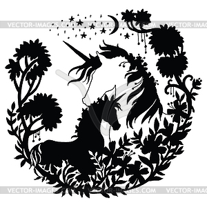 Black silhouette cute unicorn and foal - vector clip art