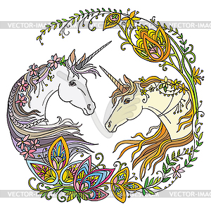 Colorful magic unicorns with flowers - vector clipart