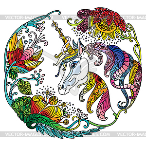 Colorful beauty unicorn with flowers - vector clip art