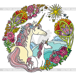 Красочный единорог и жеребенок с цветами - цветной векторный клипарт