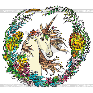 Colorful magic unicorn with flowers - vector clipart