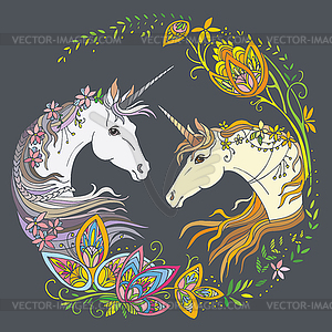 Colorful magic unicorns on gray - vector image