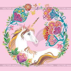 Colorful fantasy unicorn on pink - vector clipart
