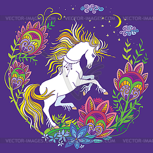 Colorful night unicorn and flowers purple - vector clipart / vector image