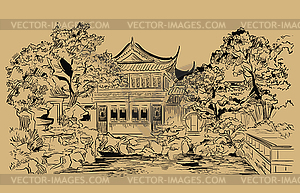 Beige China hand drawing landmark  - vector image
