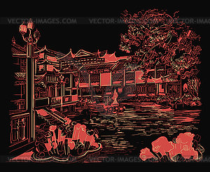 Red China hand drawing landmark  - color vector clipart