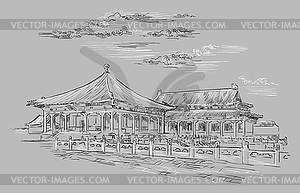 Gray China hand drawing landmark  - white & black vector clipart