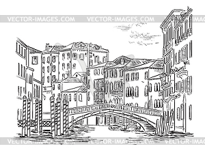 Venice cityscape hand drawing and bridge - vector clipart