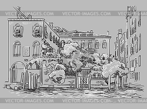 Venice drawing cityscape on canal gray - vector clipart