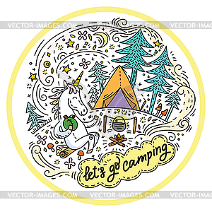 Lets go camping colorful unicorn - vector clipart