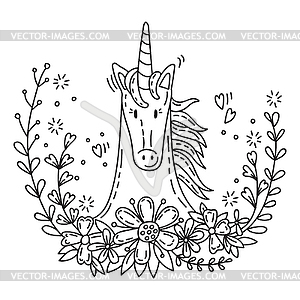 Doodle unicorn in flowers  - vector clipart