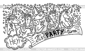 Doodle unicorn party - vector clipart