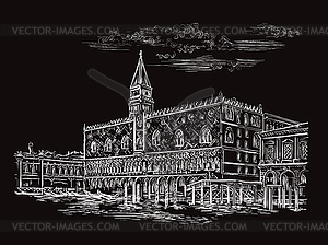 Venice hand drawing Doges Palace black - white & black vector clipart