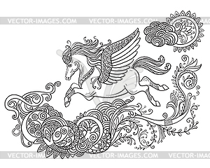 Flying horse coloring book black - vector image