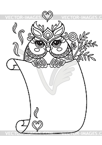 Cute kawaii owl with blank sign template monochrome - vector clipart