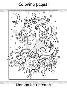 Cute romantic unicorn portrait coloring book - vector clipart