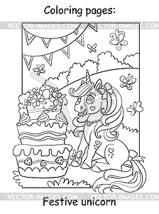 Раскраска милый единорог празднует день рождения - векторный клипарт / векторное изображение