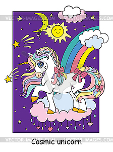 Cute magic unicorn on cloud colorful - vector image