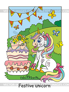 Cute unicorn celebrating birthday colorful - vector clip art