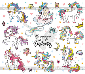 Set of funny cartoon unicorns - vector image