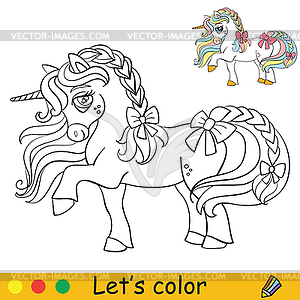 Cute little unicorn with ribbons coloring - vector clip art