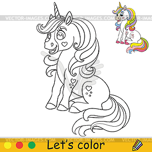 Cute sitting unicorn with long mane coloring - vector image