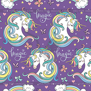 Magic seamless pattern with unicorn, stars, hearts - vector image