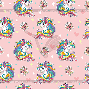 Magic seamless pattern with unicorn, butterflies, - vector image