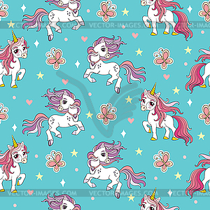 Seamless pattern with colorful unicorns turquoise - vector image