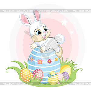 White bunny character lying on big easter egg - vector clipart