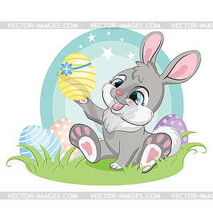 Gray easter bunny character admiring Easter egg - vector clipart