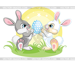 Cute easter bunnies looking at Easter egg - vector clipart