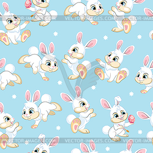 Seamless pattern white bunnies on blue background - vector clipart