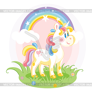 Unicorn cute character standing on grass - vector image