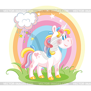 Радужный единорог персонаж стоит на траве - векторный графический клипарт