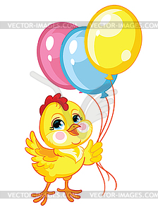 Little cute funny yellow chicken with balloons - vector clipart