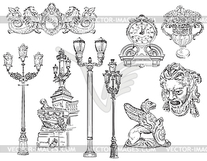 Set of decorative architectural ancient elements - vector image