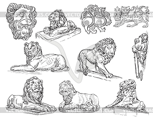 Set of decorative architectural elements stone lions - vector clip art