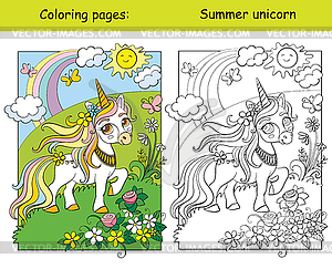 Unicorn walking on blooming meadow coloring book - vector image