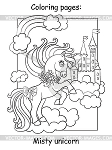 Cute unicorn on cloud and sky castle coloring - vector clipart