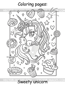 Cute unicorn head with sweets and cakes coloring - vector image