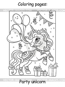 Cute party unicorn with balloons coloring - vector clip art