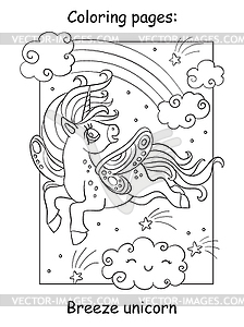 Cute unicorn with wings flying in sky coloring - vector clipart