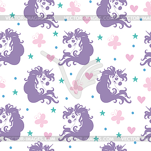 Seamless pattern with heads of unicorns and hearts - vector clipart / vector image