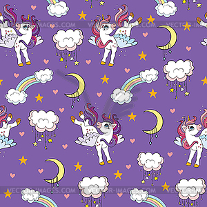 Seamless pattern unicorns with wings and rainbow - vector image